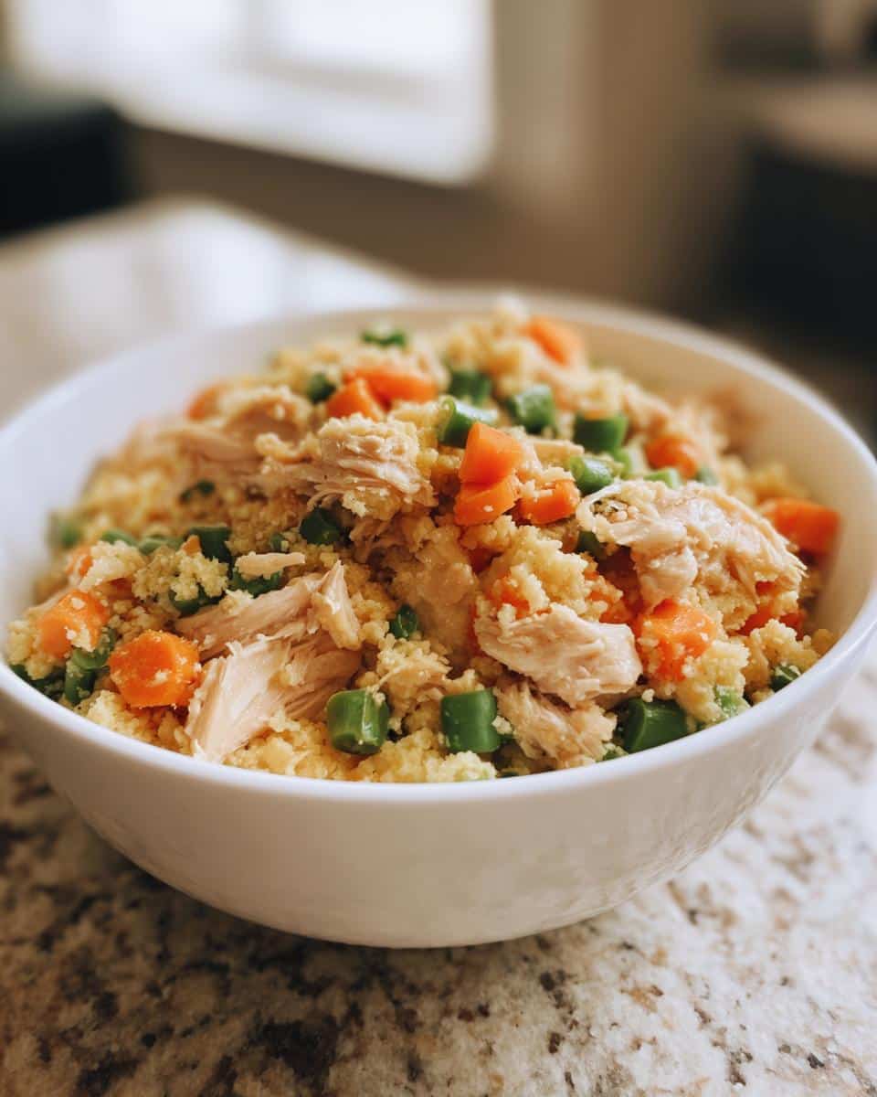 Close-up of a white bowl filled with Chicken Millet Garden Dog Bowl mix, featuring shredded chicken, millet, carrots, and green beans.