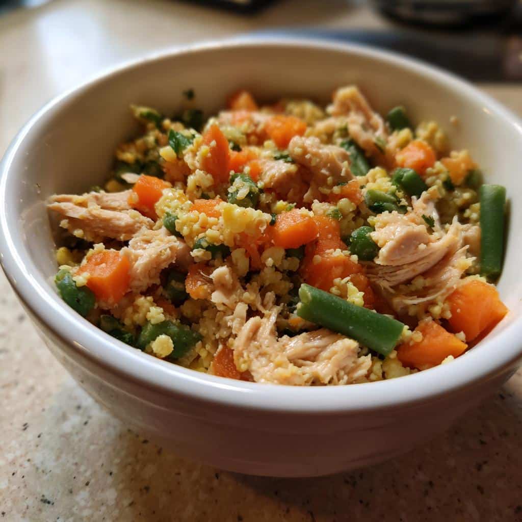 Close-up of a white bowl filled with Chicken Millet Garden Dog Bowl mix, featuring shredded chicken, carrots, and green beans.