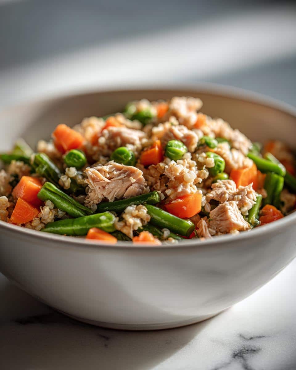 Close-up of a Chicken Millet Garden Dog Bowl featuring shredded chicken, millet, carrots, peas, and green beans.