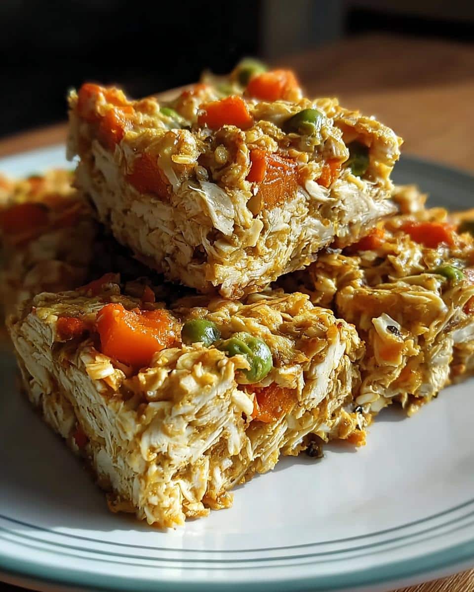 Three stacked squares of savory Chicken Veggie Bake Squares featuring shredded chicken, carrots, and peas.