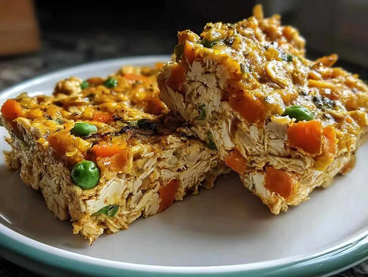 Two hearty squares of Chicken Veggie Bake Squares showing shredded chicken, diced carrots, and green peas in a savory binder.