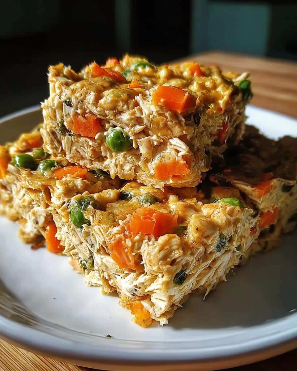 A close-up stack of three savory Chicken Veggie Bake Squares, showing shredded chicken, diced carrots, and green peas.