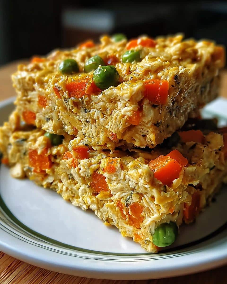 Two stacked portions of savory Chicken Veggie Bake Squares, showing shredded chicken, diced carrots, and green peas.