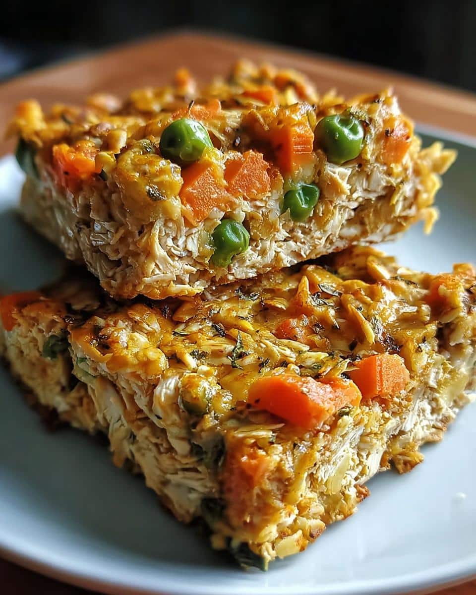 Two stacked portions of savory Chicken Veggie Bake Squares showing shredded chicken, carrots, and peas baked with oats.