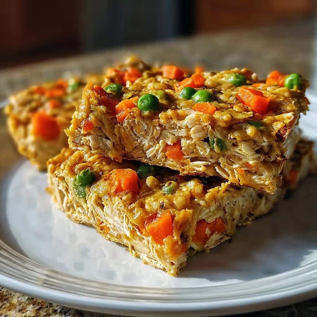 Close-up of stacked Chicken Veggie Bake Squares showing shredded chicken, oats, diced carrots, and green peas.