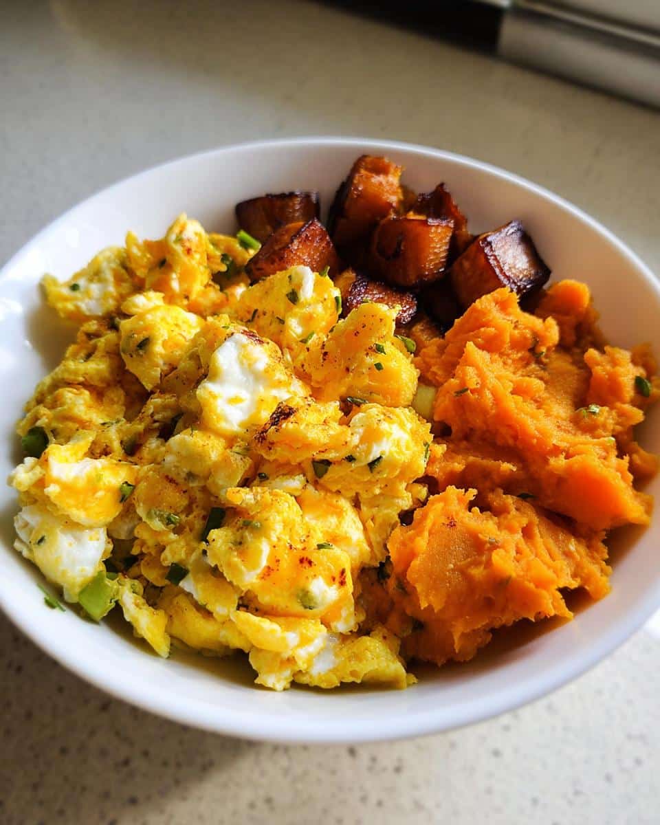 Close-up of a white bowl containing scrambled eggs, mashed sweet potato, and roasted sweet potato cubes, part of a Christmas Egg & Sweet Potato Bowl.