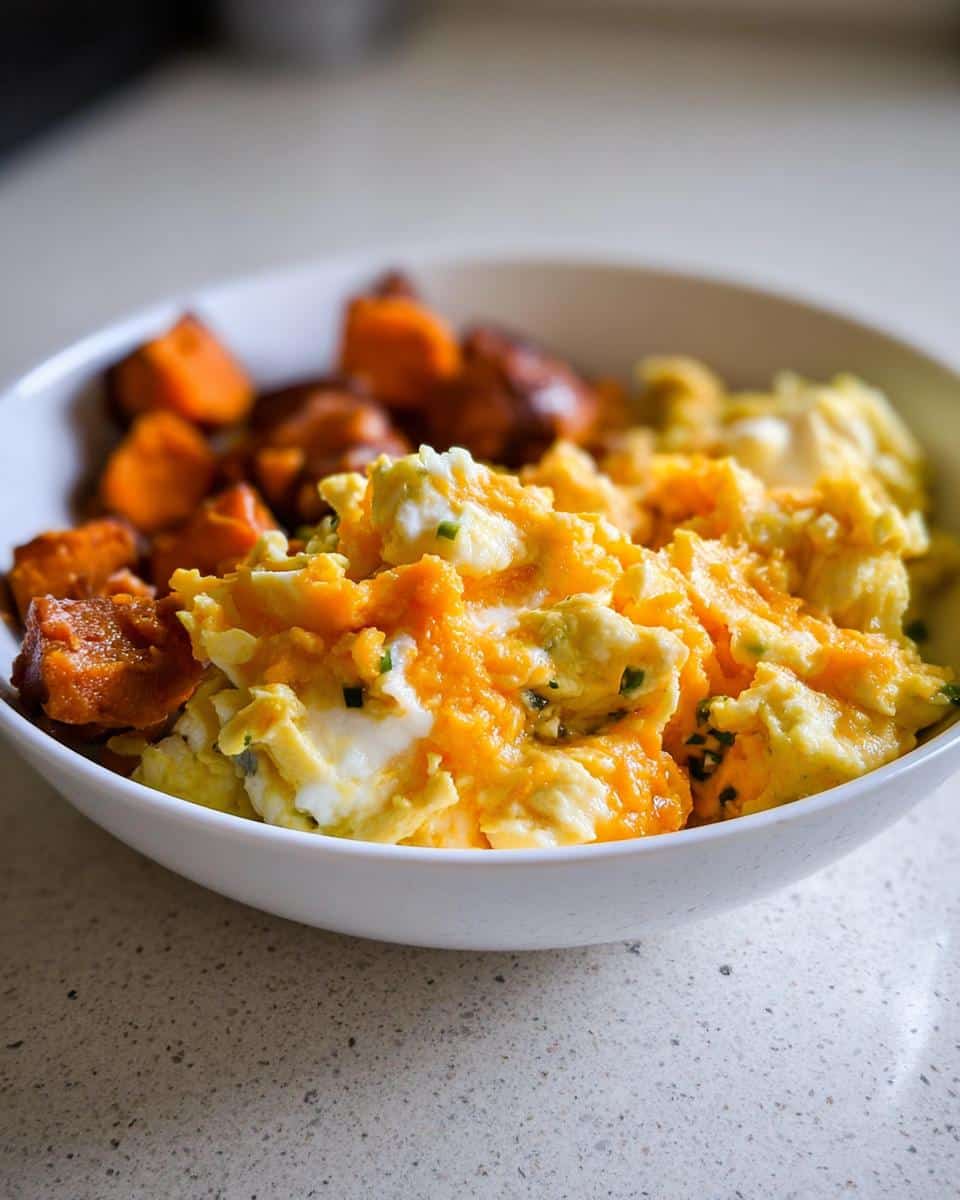 Close-up of a white bowl containing fluffy scrambled eggs topped with melted cheese and roasted sweet potatoes, part of a Christmas Egg & Sweet Potato Bowl.