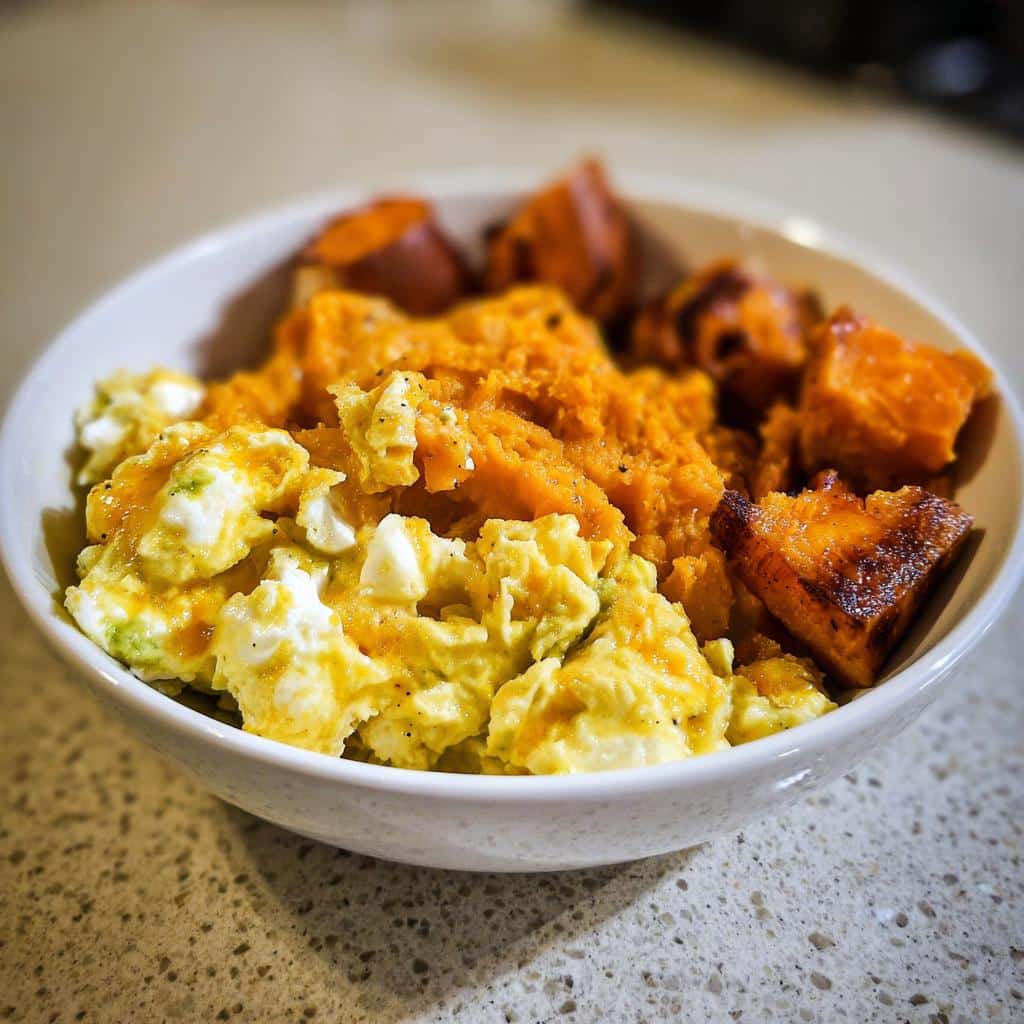 A close-up of a Christmas Egg & Sweet Potato Bowl featuring scrambled eggs, mashed sweet potato, and roasted sweet potato cubes.