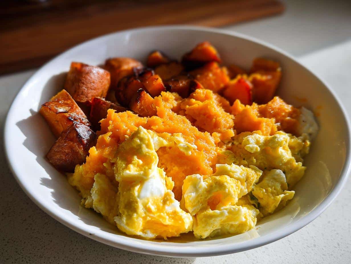 A white bowl filled with scrambled eggs, mashed sweet potato, and roasted sweet potato chunks, perfect for a Christmas Egg & Sweet Potato Bowl.