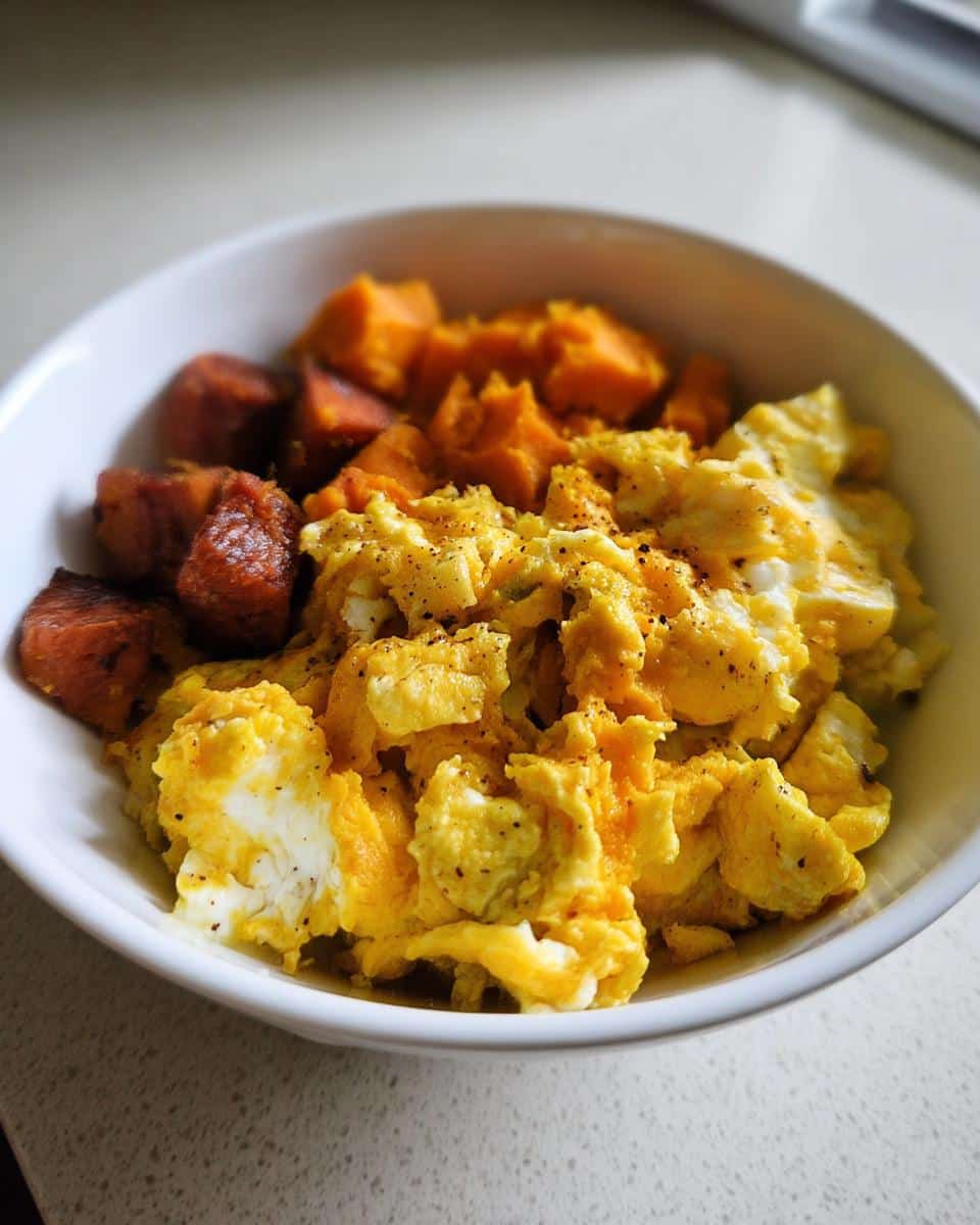 A white bowl containing scrambled eggs, mashed sweet potato, and roasted sweet potato chunks for a Christmas Egg & Sweet Potato Bowl.
