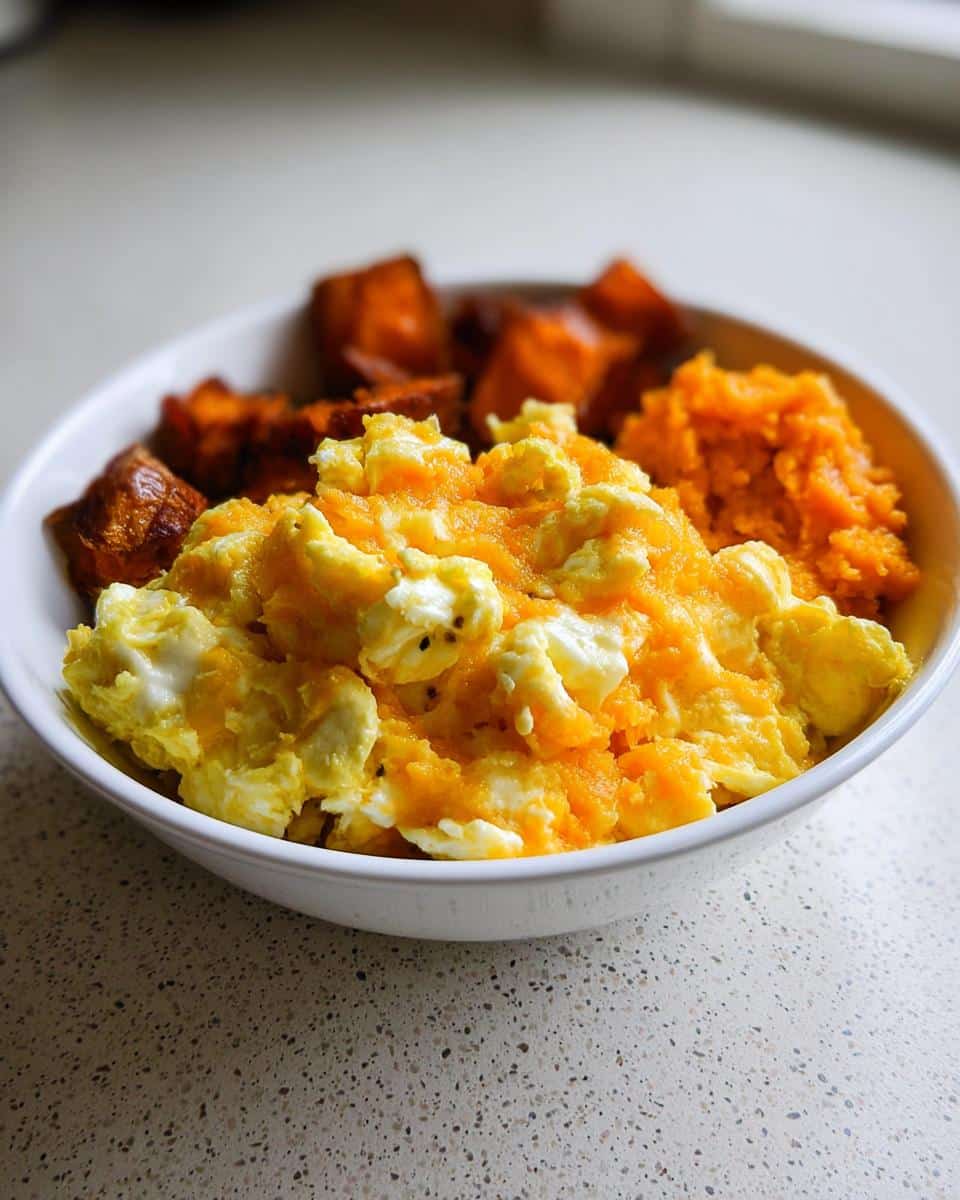 A white bowl filled with scrambled eggs mixed with orange sweet potato puree, alongside roasted sweet potato chunks.