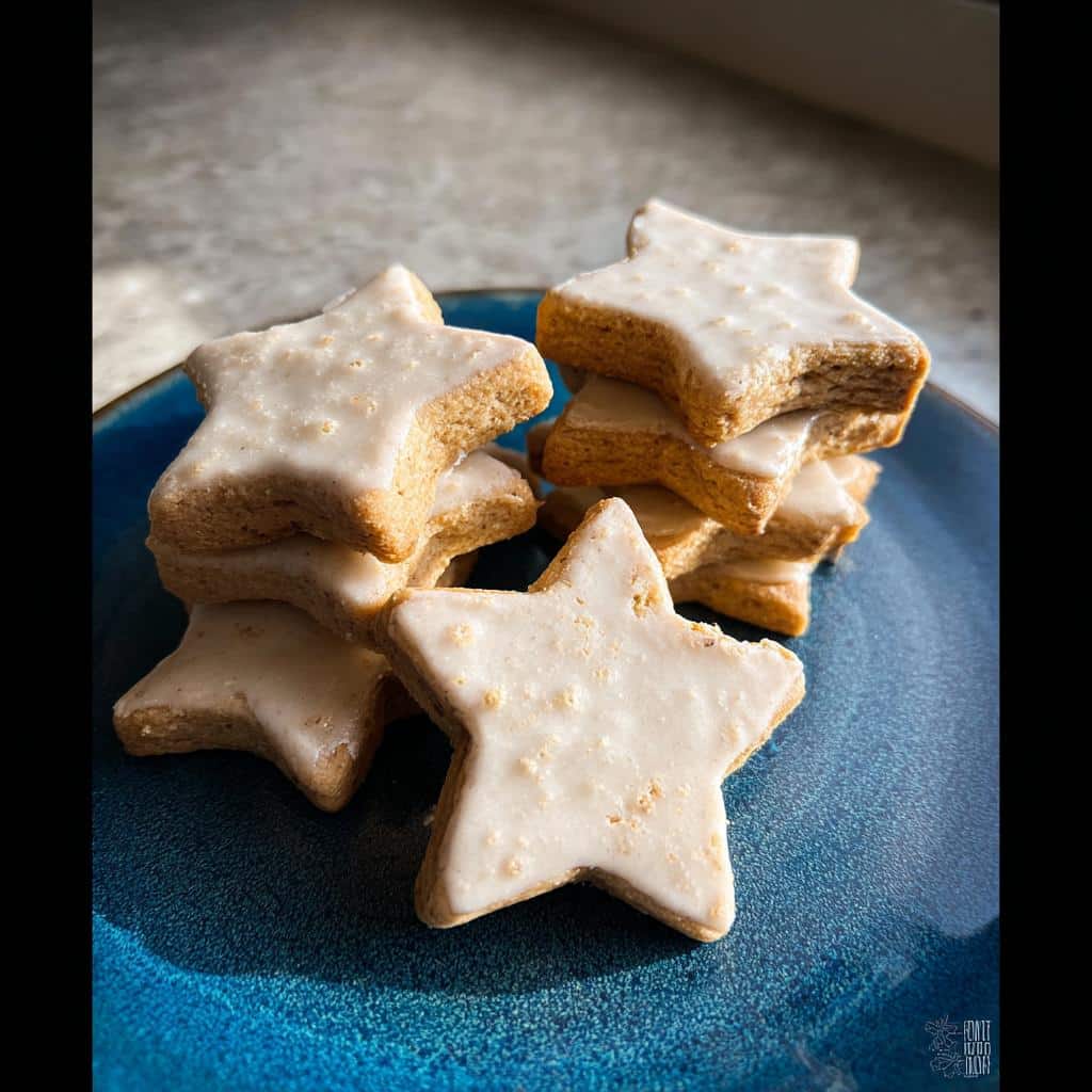 A stack of star-shaped, white-iced Cinnamon-Free Pup Cookie Stars resting on a bright blue plate.