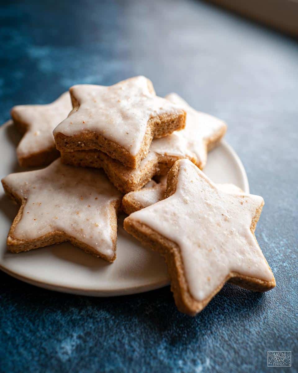 A stack of star-shaped Cinnamon-Free Pup Cookie Stars with white icing on a small white plate.