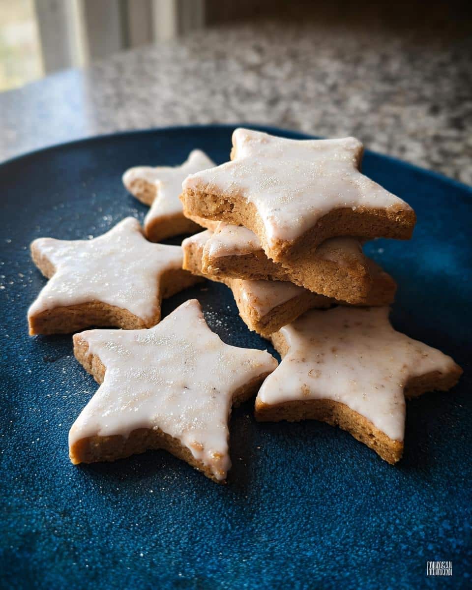 A stack of star-shaped Cinnamon-Free Pup Cookie Stars with white icing, resting on a deep blue plate.