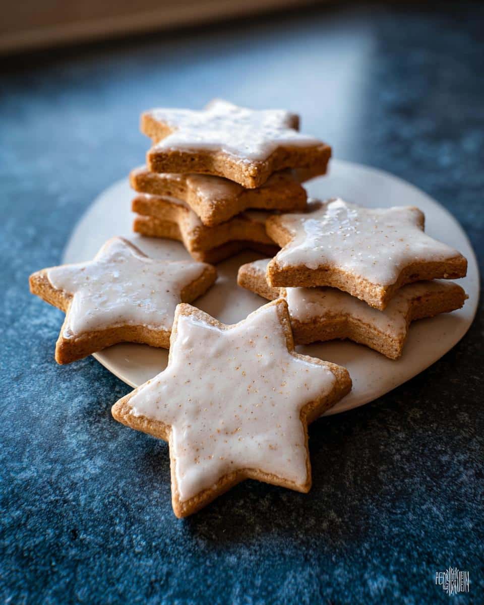 A stack and arrangement of star-shaped Cinnamon-Free Pup Cookie Stars topped with white glaze.