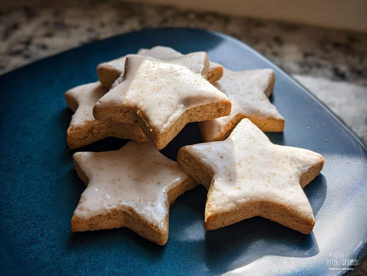 A stack of star-shaped Cinnamon-Free Pup Cookie Stars with white icing on a dark blue plate.