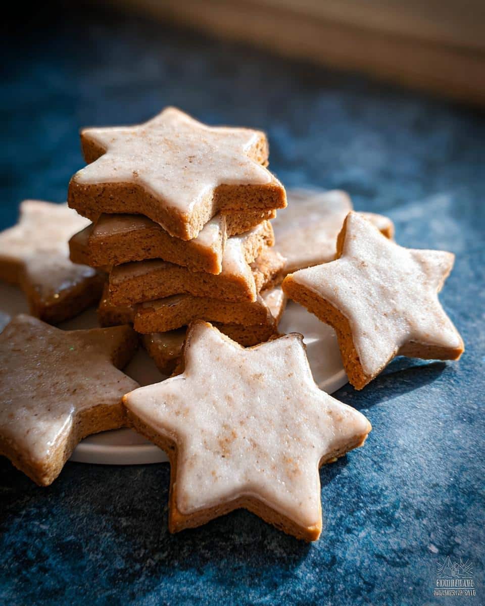 A stack of star-shaped Cinnamon-Free Pup Cookie Stars topped with white glaze, set against a dark blue background.