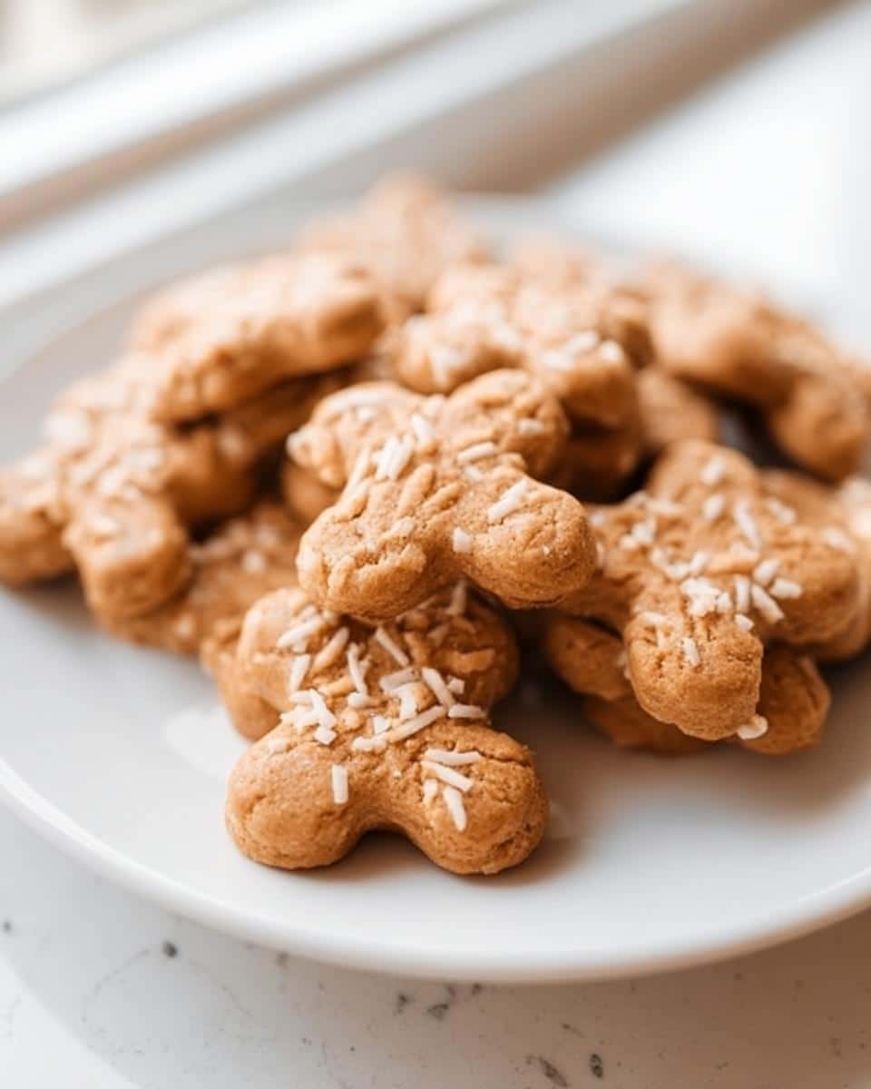 A pile of homemade Coconut Crunch Dog Cookie Bites, shaped like small figures, topped with shredded coconut.