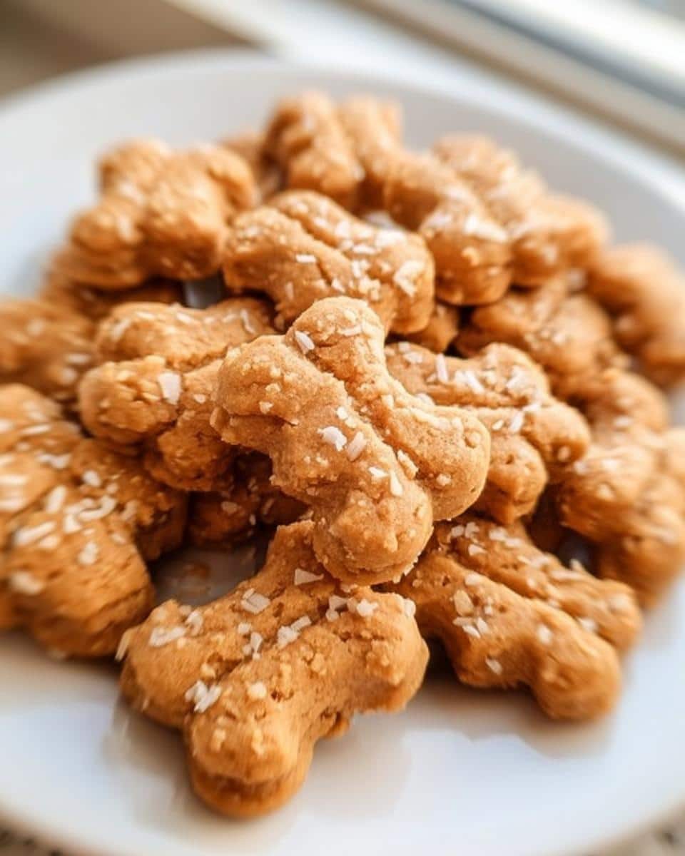 A pile of freshly baked, bone-shaped Coconut Crunch Dog Cookie Bites sprinkled with white flakes.