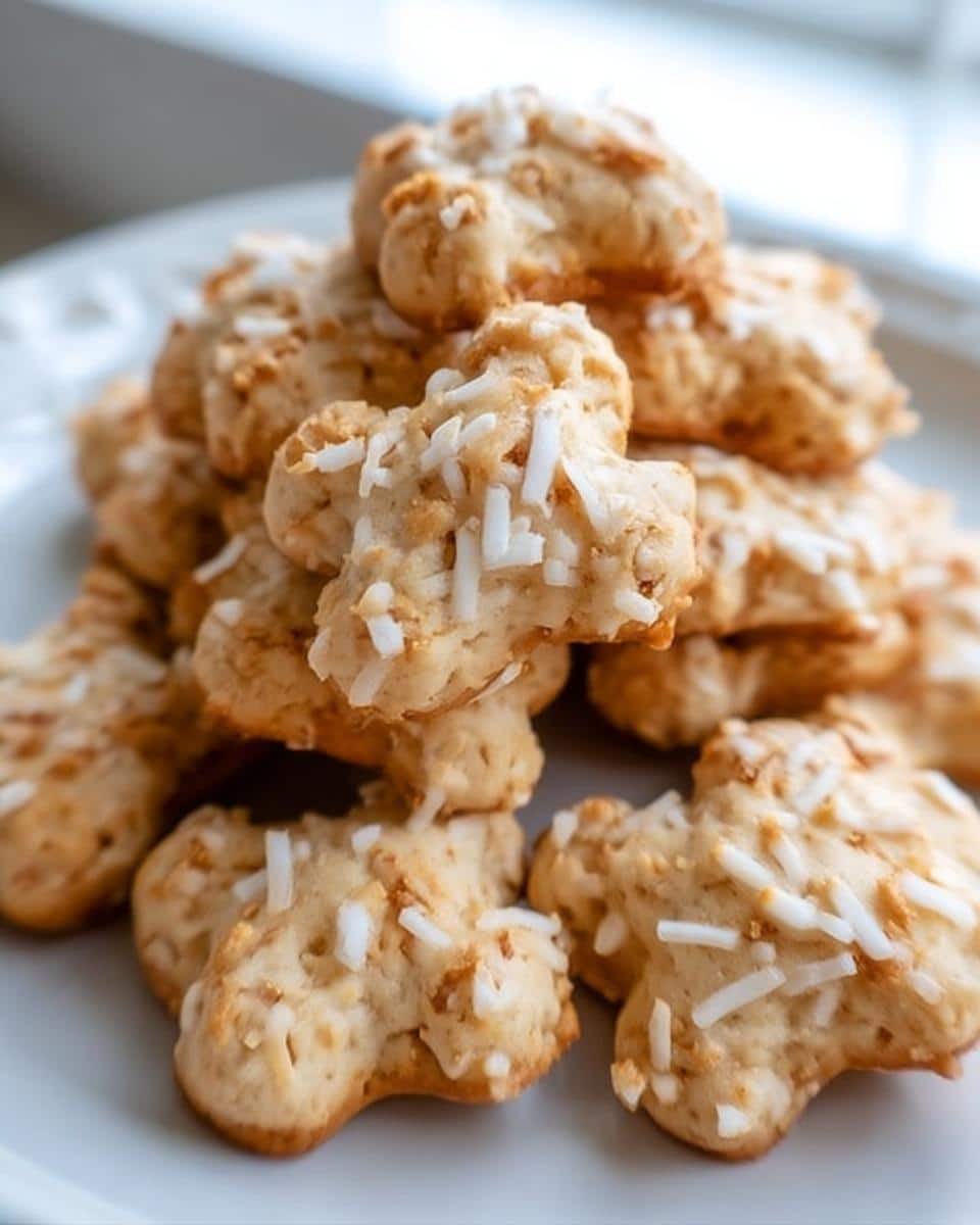 A close-up stack of freshly baked Coconut Crunch Dog Cookie Bites topped with shredded coconut.