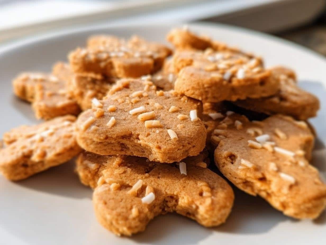 Close-up of several golden brown Coconut Crunch Dog Cookie Bites piled on a white plate, topped with white coconut flakes.