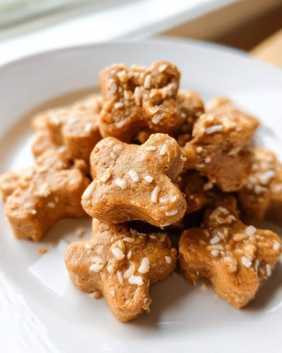 A close-up stack of bone-shaped Coconut Crunch Dog Cookie Bites topped with shredded coconut on a white plate.