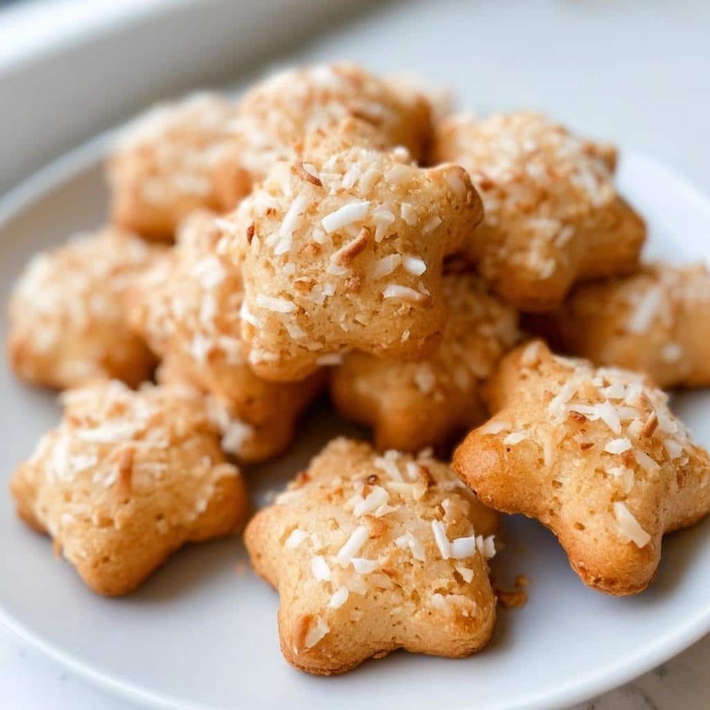 A pile of golden, star-shaped Coconut Crunch Dog Cookie Bites topped with shredded coconut on a white plate.