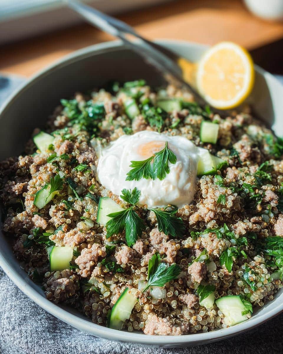 A bowl of Cod and Quinoa Clear Dog Meal mixed with ground meat, topped with a poached egg and fresh parsley.