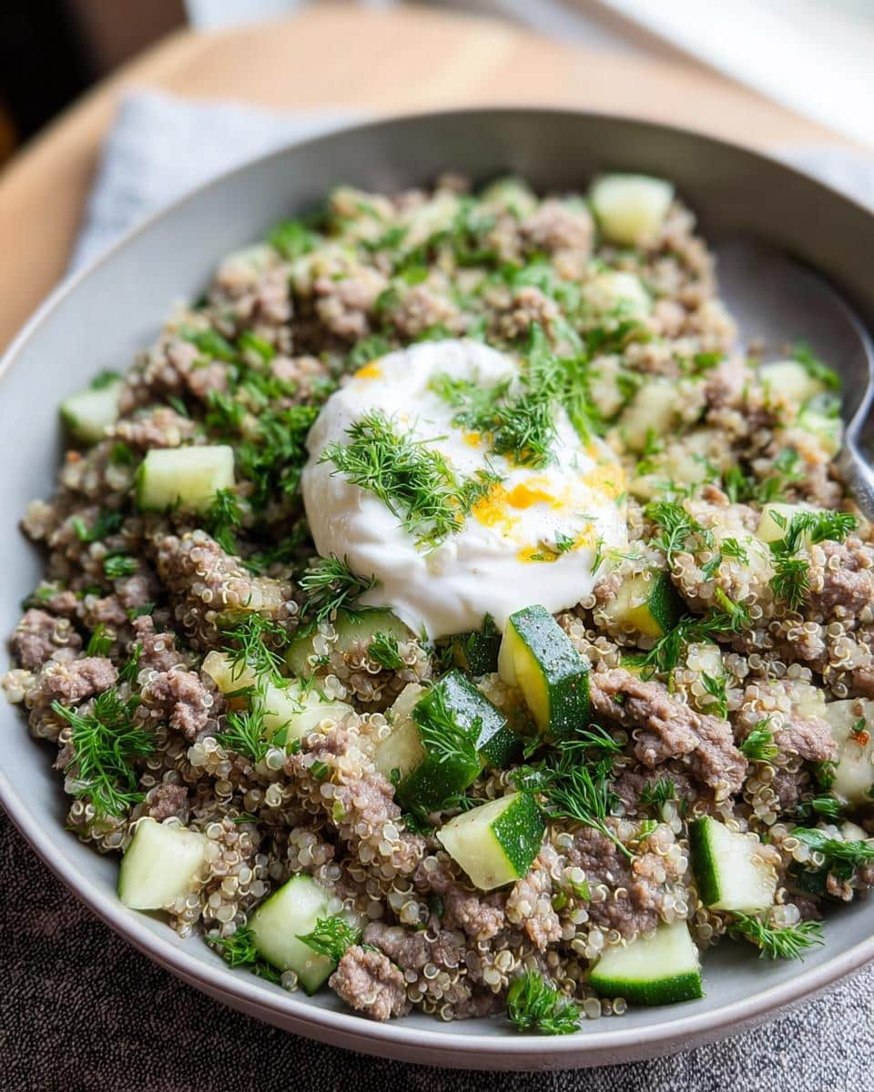 A bowl of Cod and Quinoa Clear Dog Meal mixed with ground meat, cucumber chunks, and topped with yogurt and dill.