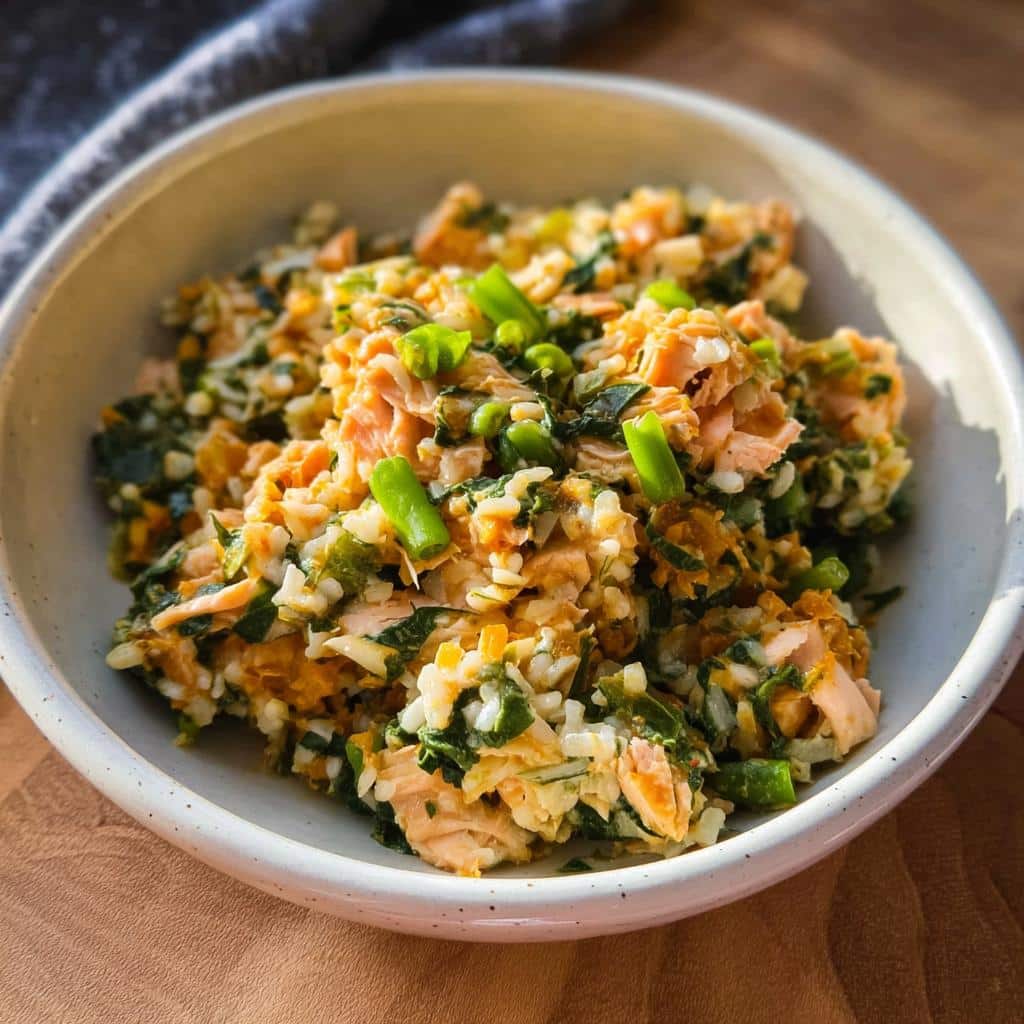 A bowl filled with ingredients resembling Cod Spinach Winter Dog Stew, featuring flaked fish, rice, spinach, and green vegetables.