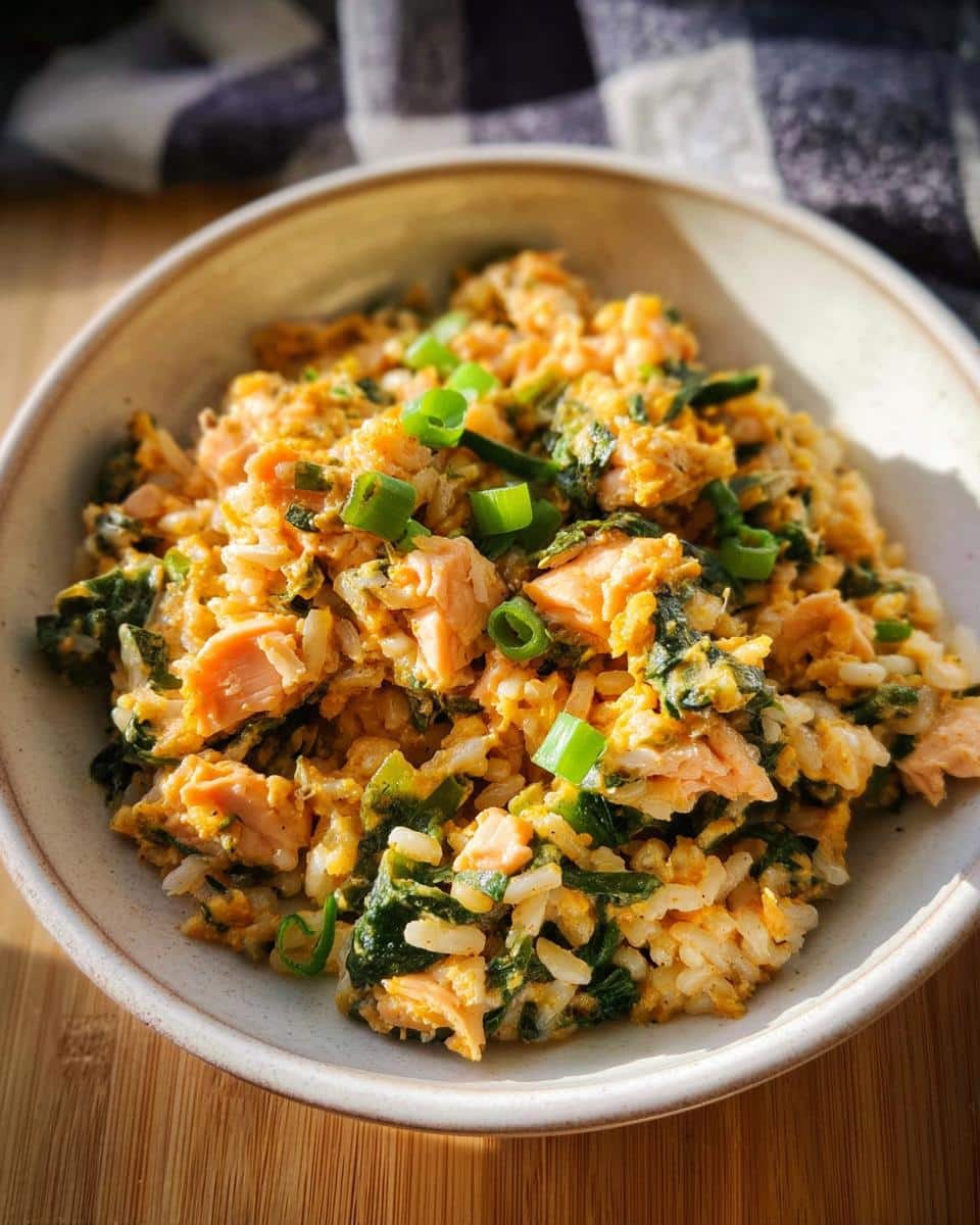A close-up of Cod Spinach Winter Dog Stew mixed with rice and topped with green onions in a light-colored bowl.