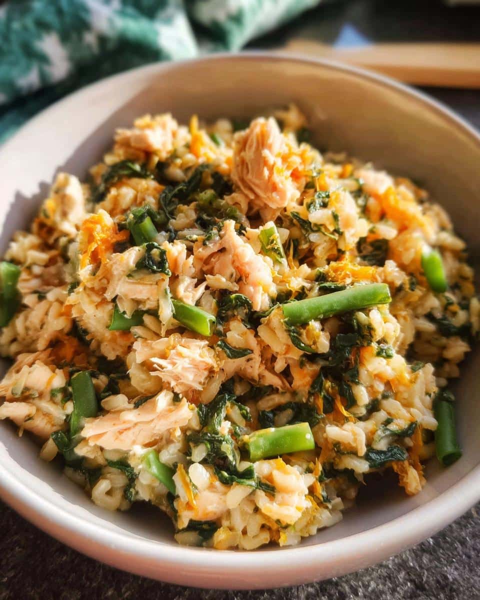 A close-up of a bowl filled with Cod Spinach Winter Dog Stew, showing flaked fish, rice, dark green spinach, and bright green beans.