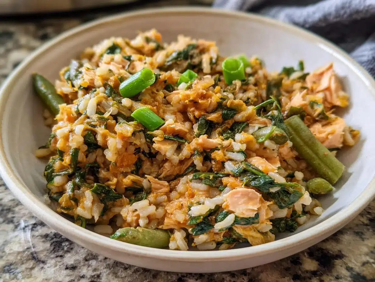 Close-up of a bowl containing Cod Spinach Winter Dog Stew mixed with rice, spinach, and green beans.