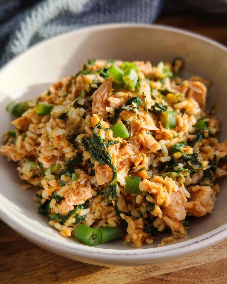 Close-up of a bowl containing ingredients resembling Cod Spinach Winter Dog Stew, featuring flaked fish, greens, and rice.