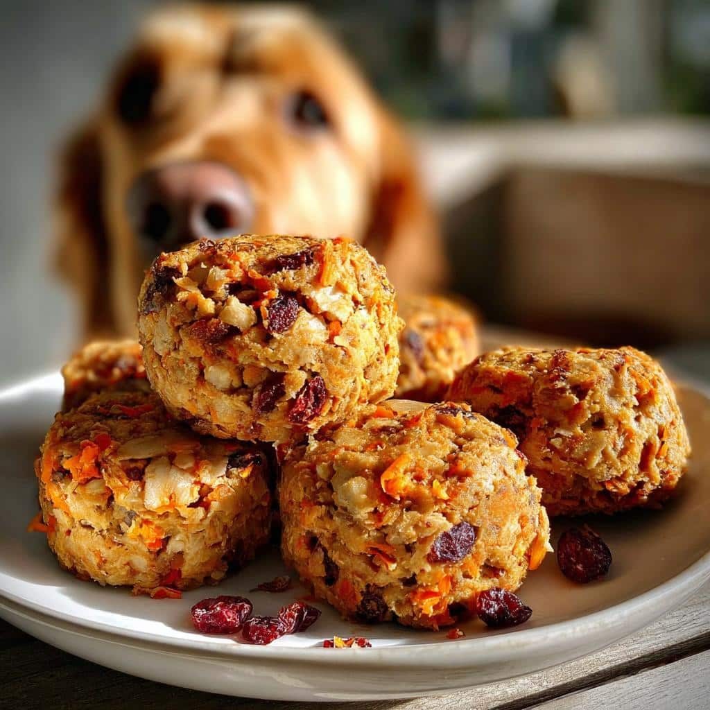 Pile of Cranberry Carrot Dog Roast Dish bites on a white plate, with a golden retriever looking intently in the background.