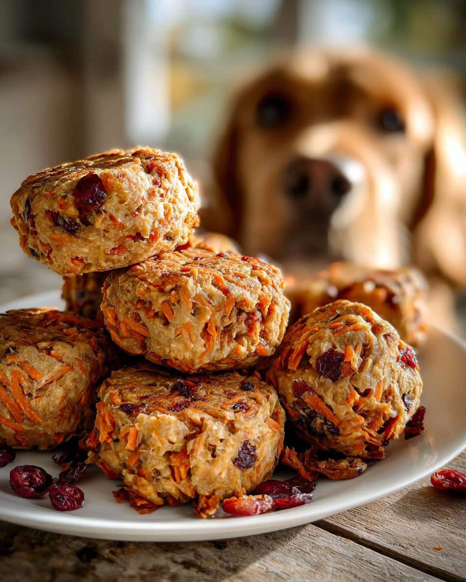 A stack of homemade Cranberry Carrot Dog Roast Dish treats on a white plate, with a golden retriever looking on in the background.