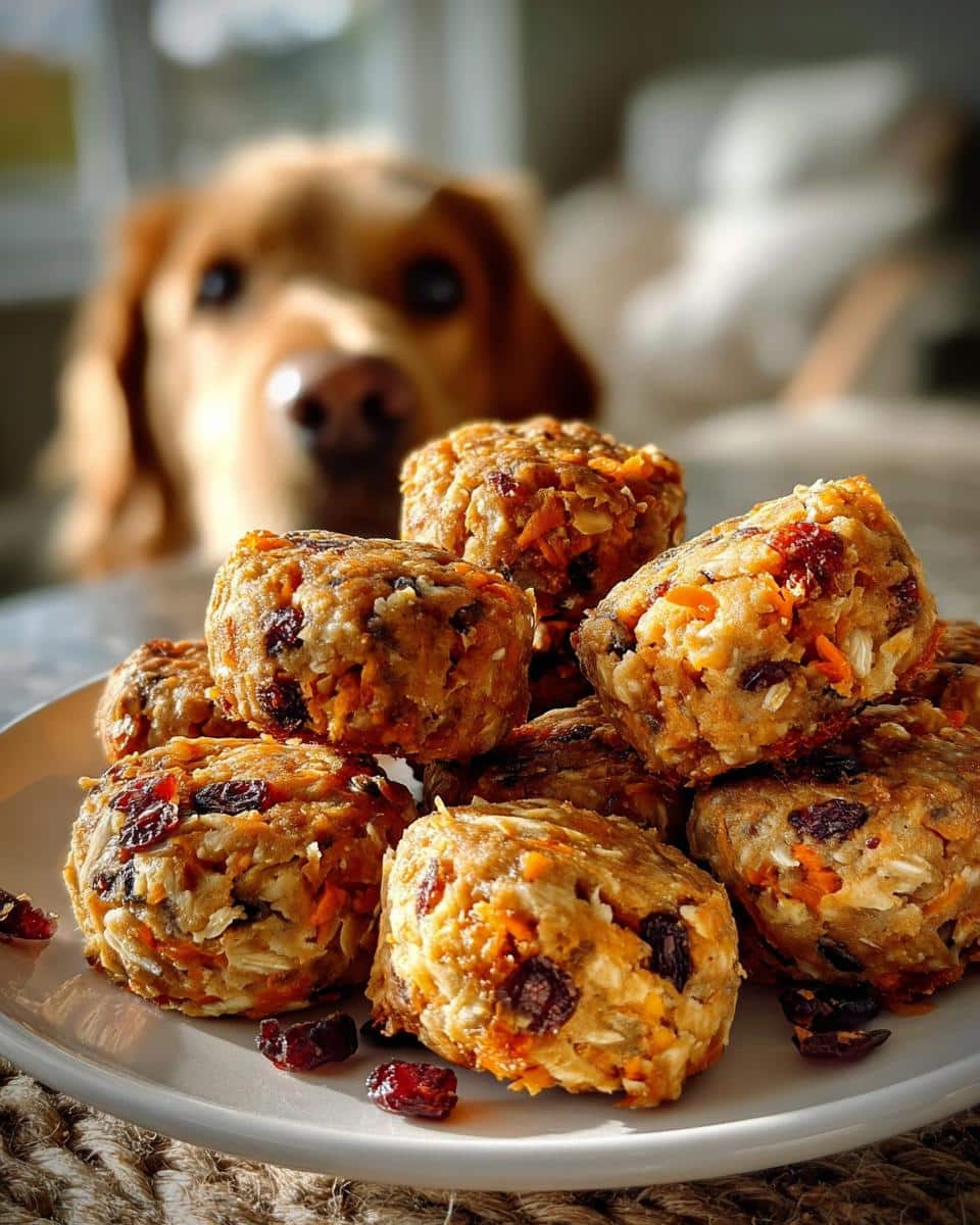 A stack of homemade Cranberry Carrot Dog Roast Dish treats on a white plate with a dog looking eagerly in the background.