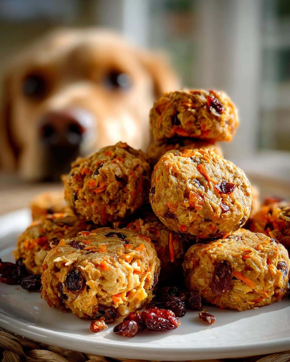 A stack of Cranberry Carrot Dog Roast Dish treats with a curious dog looking on in the background.