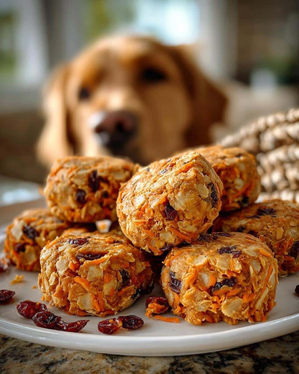 A stack of homemade Cranberry Carrot Dog Roast Dish treats on a white plate, with a golden retriever watching intently in the soft-focus background.