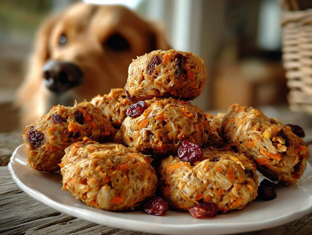 A pile of Cranberry Carrot Dog Roast Dish treats on a white plate with a golden retriever looking on in the background.