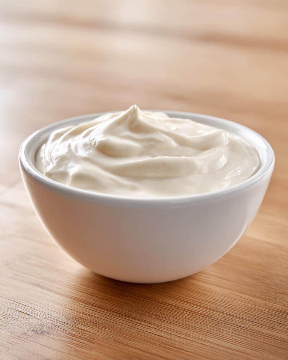 Close-up of a white bowl filled with thick, creamy low-fat yogurt protein mixture.