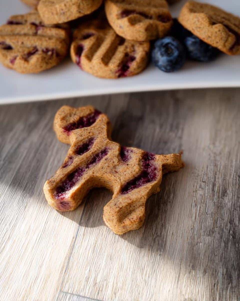 A single dog-shaped Berry Swirl Festive Dog Cookies with purple berry filling on a wooden surface.