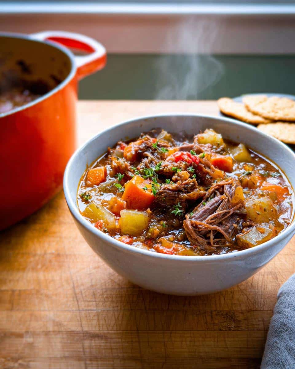 A steaming bowl of rich Duck and Potato Festive Supper stew, garnished with herbs, next to an orange Dutch oven.