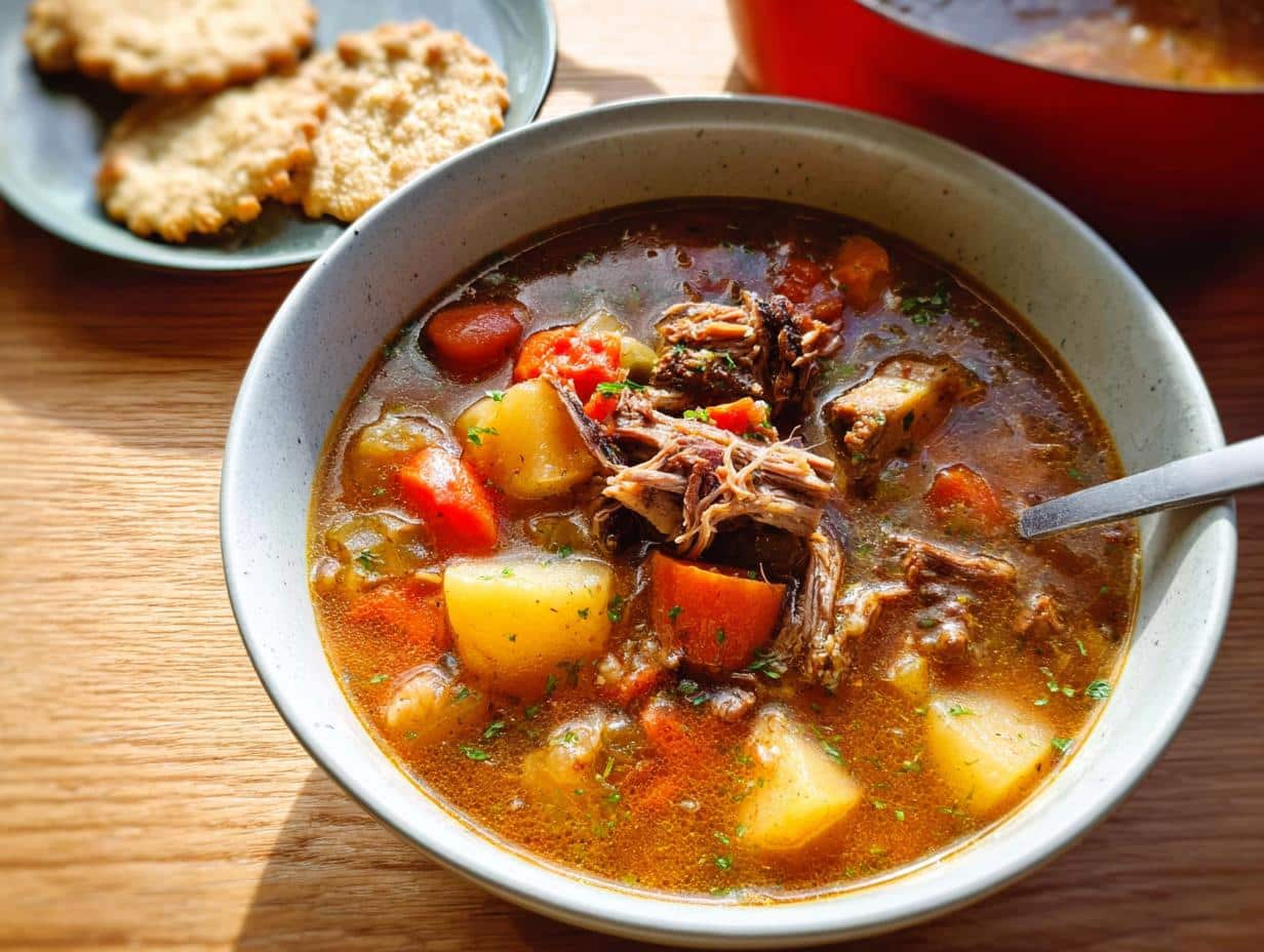 A close-up of a bowl filled with rich Duck and Potato Festive Supper, showing shredded meat, potatoes, and carrots.