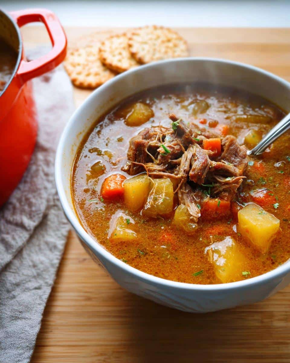 Steaming bowl of rich Duck and Potato Festive Supper stew with shredded duck meat and chunks of potato.