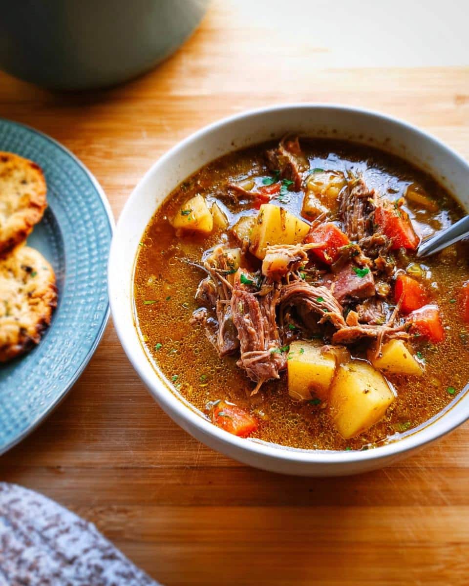A close-up of a rich stew featuring shredded meat, chunks of potato, and carrots, representing the Duck and Potato Festive Supper.