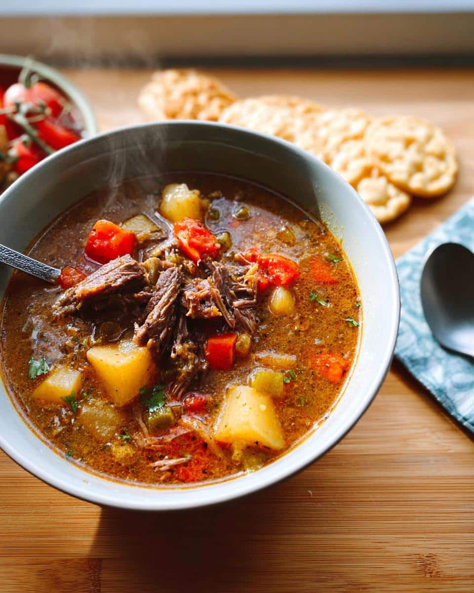 A steaming bowl of rich stew featuring shredded meat, large potato chunks, and vegetables, part of the Duck and Potato Festive Supper.