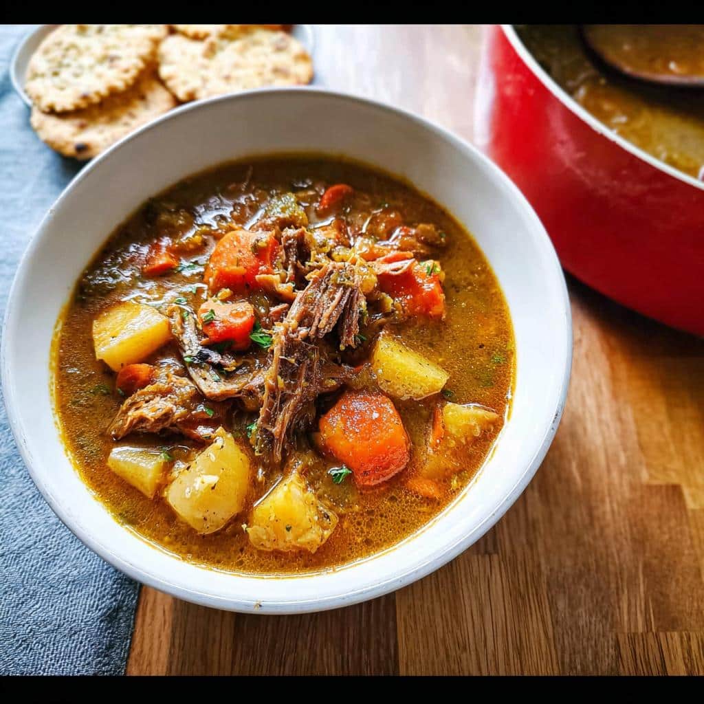 A close-up of a hearty bowl of Duck and Potato Festive Supper stew with shredded duck, carrots, and potatoes.