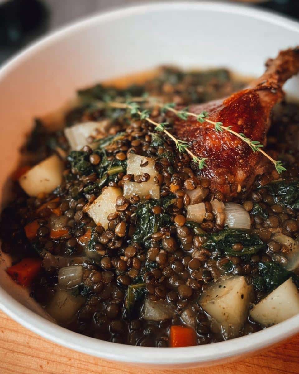 A hearty bowl of Duck Lentil Winter Power Dish featuring lentils, vegetables, and a crispy duck leg.
