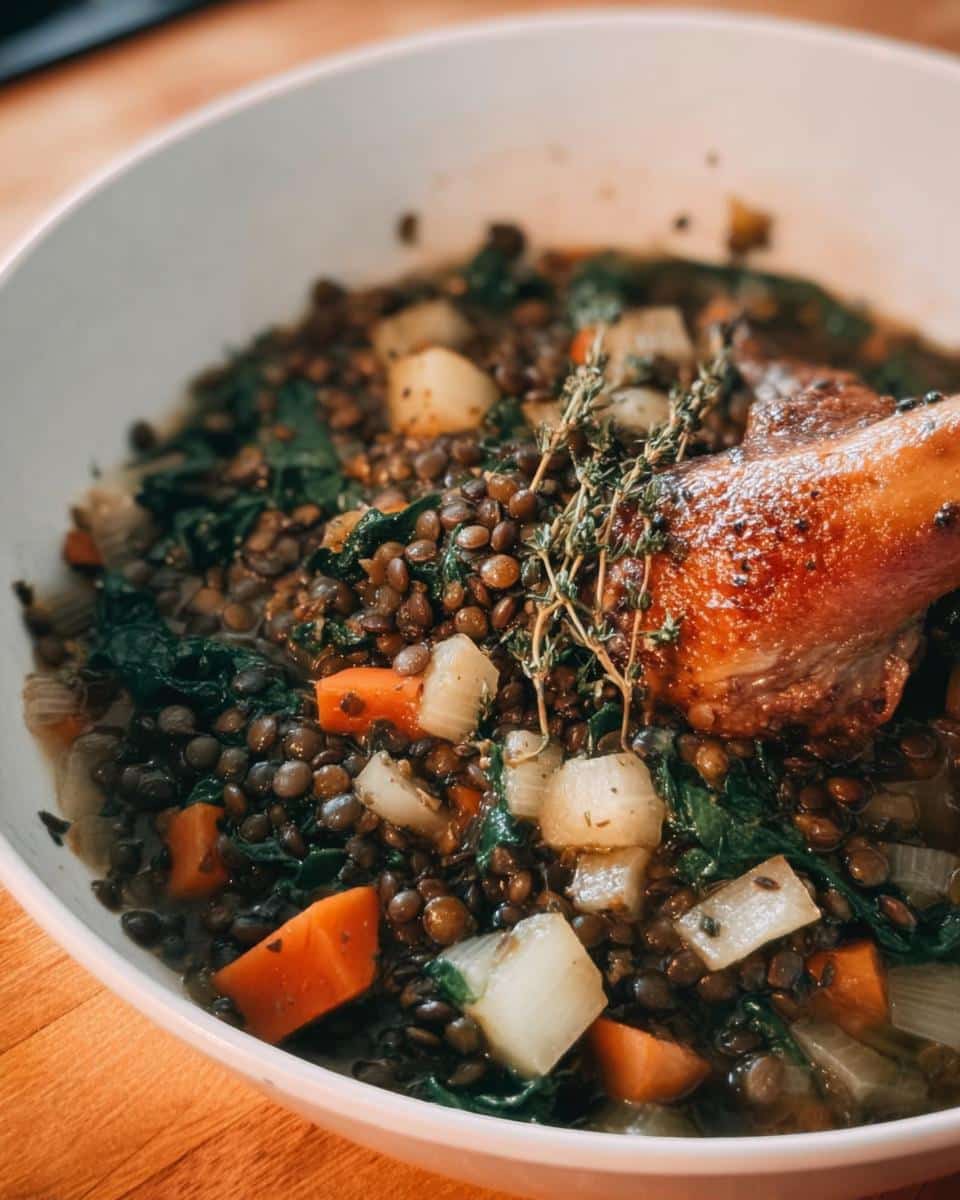 Close-up of a hearty Duck Lentil Winter Power Dish featuring lentils, carrots, onions, greens, and a piece of crispy duck leg.